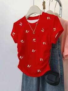 Resyla Versatile Short Sleeve Blouse With Gathered Waist, All-Over Cherry Print, For Summer - Red - View 1