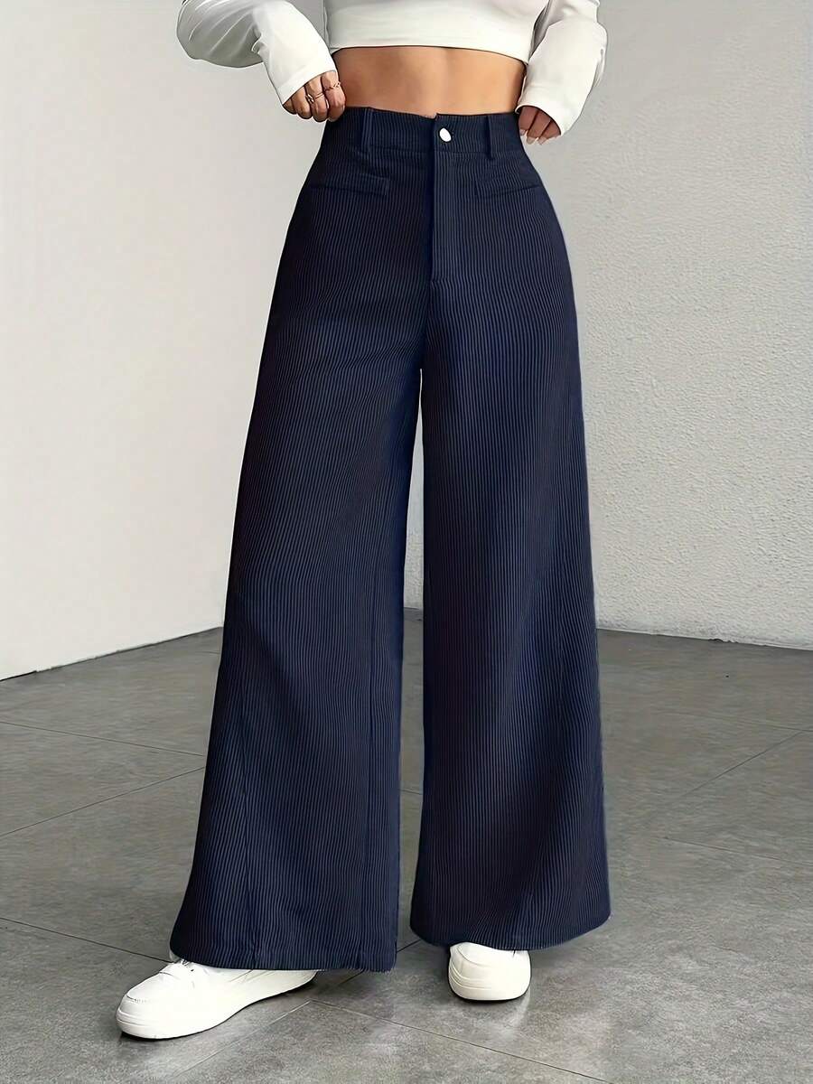 Women's High Waist Wide Leg Trousers - Corduroy Texture, Casual Pants, Comfortable For All Seasons, Machine Washable - 藍色 - 查看 1