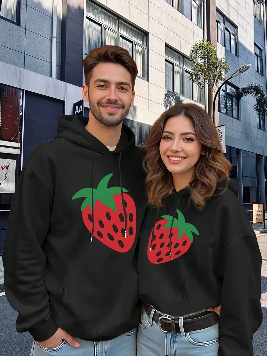 1 sudadera negra con estampado de fresas, unisex - suéter casual holgado, diseño elegante, adecuado para uso en exteriores y en la ciudad - ideal para parejas en cualquier temporada. - Sudaderas negras para parejas de chicas - Ver 1