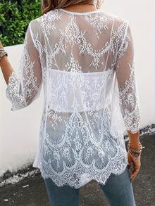 Cárdigan largo de talla grande para mujer con tapeta frontal de encaje. - Color azul marino - Ver 10
