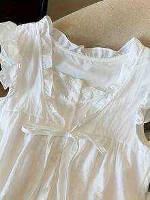 Elegante conjunto de dos piezas de imitación de camisa, vestido babydoll plisado, juvenil y holgado para mujer. - Blanco - Ver 5