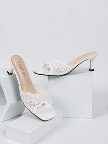 New Fashion White Open Toe Mesh Summer Kitten Heel Square Toe Sandals, Minimalist Versatile Women's Dress Sandals, Square Toe Elegant High Heel Slippers Sandals, Women's High Heels, Women's White High Heels - White - View 2