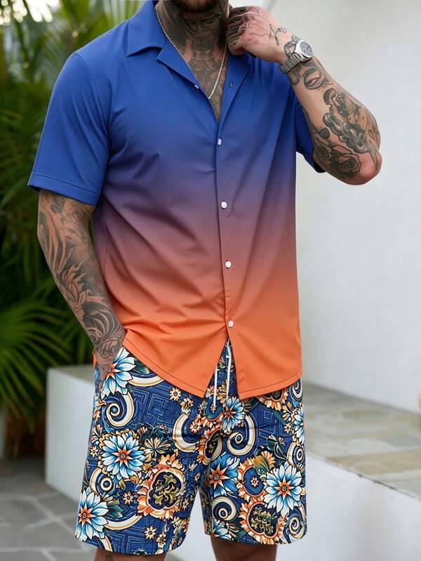 Men's Summer Gradient Short Sleeve Shirt & Vintage Floral Print Shorts 2-Piece Set, Beach Vacation Casual Outfit