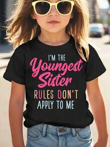 Camiseta de manga corta para niñas con estampado de letras "Soy la hermana más pequeña", moderna, versátil y cómoda para primavera-verano. - Blanco - Ver 6