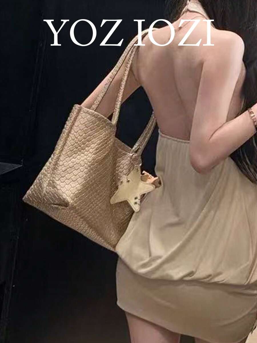 度假風時尚極簡休閒甜酷星星壓紋編織香檳色托特包 中號大容量高級手提肩背包 - 金色 - 查看 1