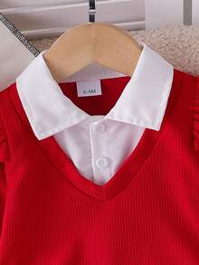 2pcs Setelan Blus Lengan Panjang 2 in 1 Gaya Preppy untuk Bayi Perempuan dengan Warna Kontras dan Aksen Pita, Dipadukan dengan Celana Jeans Lurus, Musim Gugur/Semi - Merah - View 4