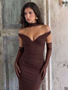 Elegant Women's Off-Shoulder Fitted Long Party Evening Dress (No Gloves, Includes Ribbon) - Brown - View 8
