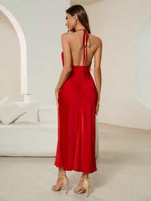 Vestido de fiesta formal con cuello halter sin espalda y tirantes con lazo para vacaciones, cumpleaños y ocasiones especiales - Marrón - Ver 3