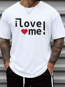 Camiseta de hombre de 180gsm% con gráfico I Love Me - Blanca con eslogan de autoamor negro y estampado de corazón rojo, camiseta casual de manga corta con cuello redondo para gimnasio, - Blanco - Ver 1