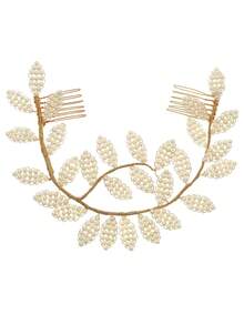 1pc Luxury Gold Metal Twisted Wire Faux Pearl Leaf Headband Hair Comb Bridal Hair Accessory For Banquet And Formal Occasions - Gold - View 11