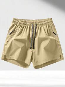 男士運動短褲，夏季 3/4 長度直筒褲，抽繩腰頭附拉鍊口袋，適合健身、跑步與運動訓練 - 卡其色 - 查看 1