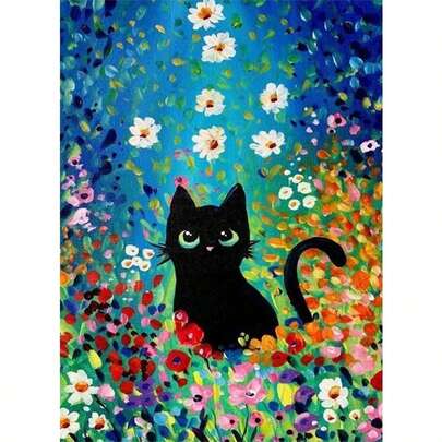 1pc DIY Black Cat In Flower Garden 5D Diamond Painting Kit, Suitable For Adult Beginners DIY Mosaic Diamond Art, Full Drill Handmade Hobbyist Self-Design DIY Diamond Painting, Applicable For Living Room, Bedroom, Office Wall Decoration Hanging Painting, Surprise Holiday Home Decor Gift For Family And Friends, Unframed [30*40cm/11.8*15.7in][40*50cm/15.7/19.7in]