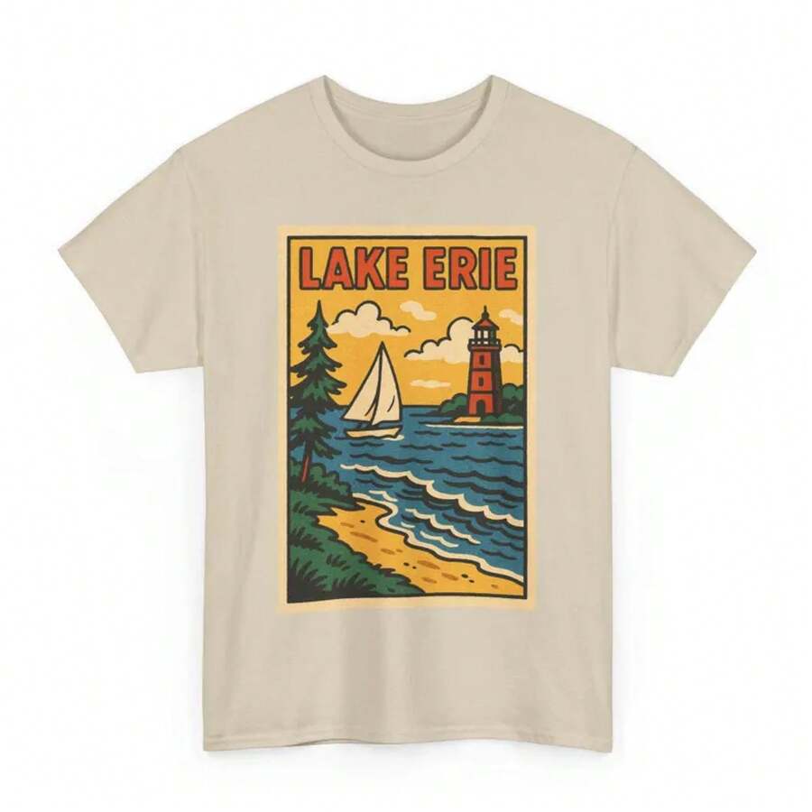 Lake Erie T-Shirt: Retro Comic Great Lakes Adventure Tee-Unisex Women & Men's Daily WearCamiseta blanca bonita de verano, prendas, ropa informal, camisetas cómodas - Albaricoque - Ver 1