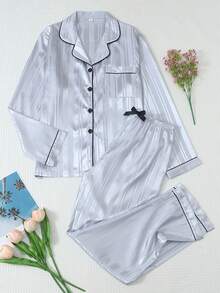 2 Peças/Conjunto Pijama Feminino de Cetim Listrado, Top de Manga Longa com Gola e Calça Longa com Laço, Conjunto de Roupa de Dormir e Roupa de Casa Casual - Cinza - Visão 1