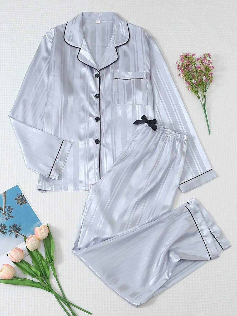 2 Peças/Conjunto Pijama Feminino de Cetim Listrado, Top de Manga Longa com Gola e Calça Longa com Laço, Conjunto de Roupa de Dormir e Roupa de Casa Casual - Cinza - Visão 1