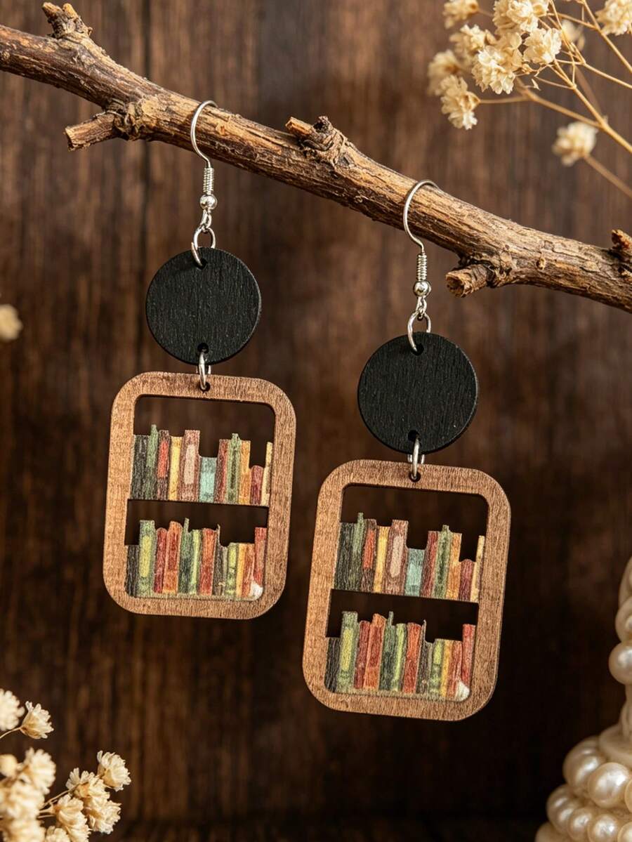 1 Pair Black Wood Round Disc Spliced Double Layer Hollow Wooden Long Vintage Library Earrings - Multicolor - View 1