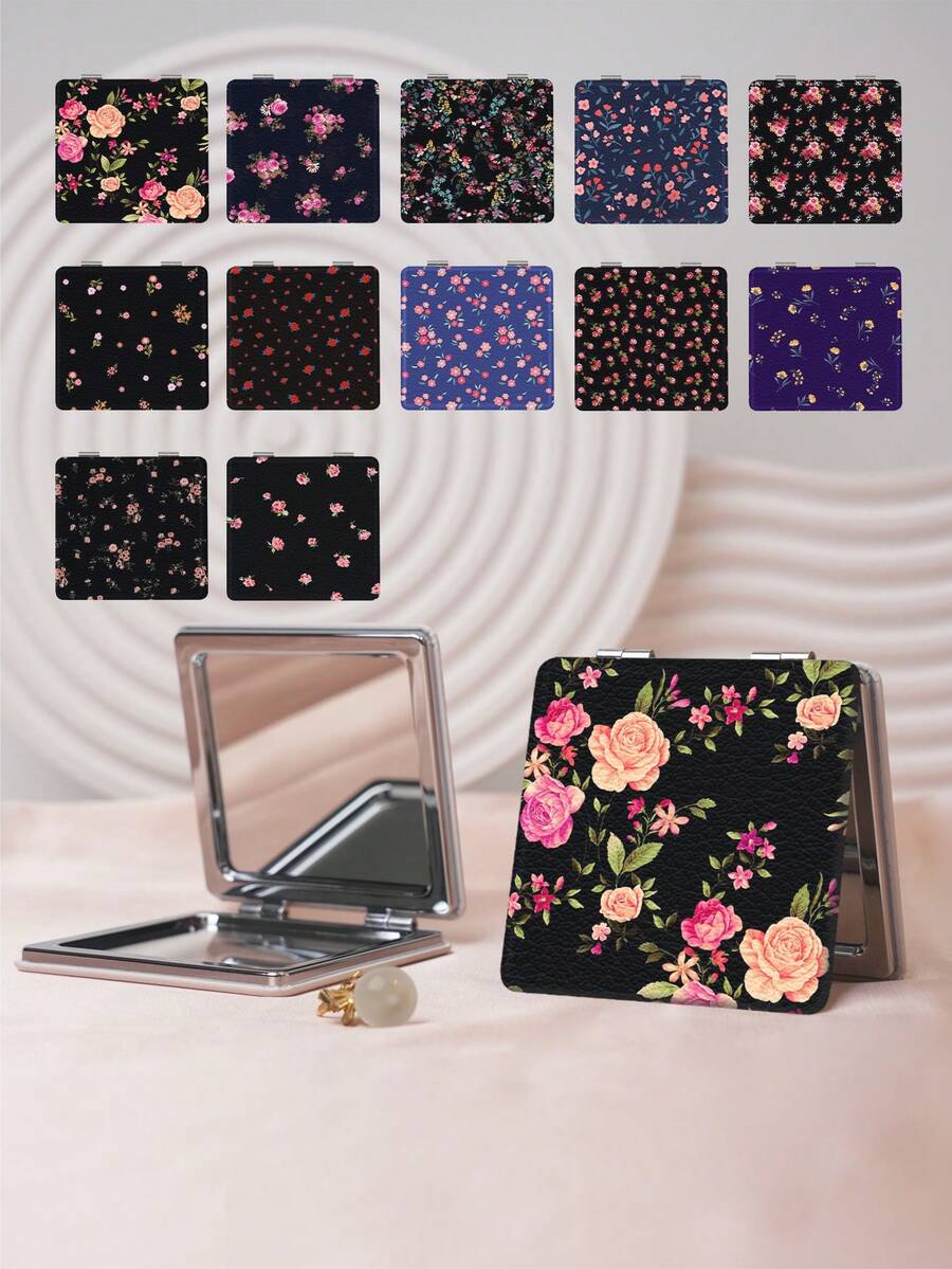 1PC British Country Style Portable Vanity Mirror, Foldable Lightweight Ultra-Thin Convenient Hand Mirror, Durable PU Leather, Suitable For Multiple Occasions And All People, Foldable Square Small Mirror, Pocket Mirror, Fresh Floral Rose Pattern Design, Exquisite And Delicate, Foldable Structure, Durable And Reliable, Drop-Resistant, Easy To Carry, Handheld Makeup Mirror, 180° Flip Cover, Multi-Functional - Multicolor - View 1