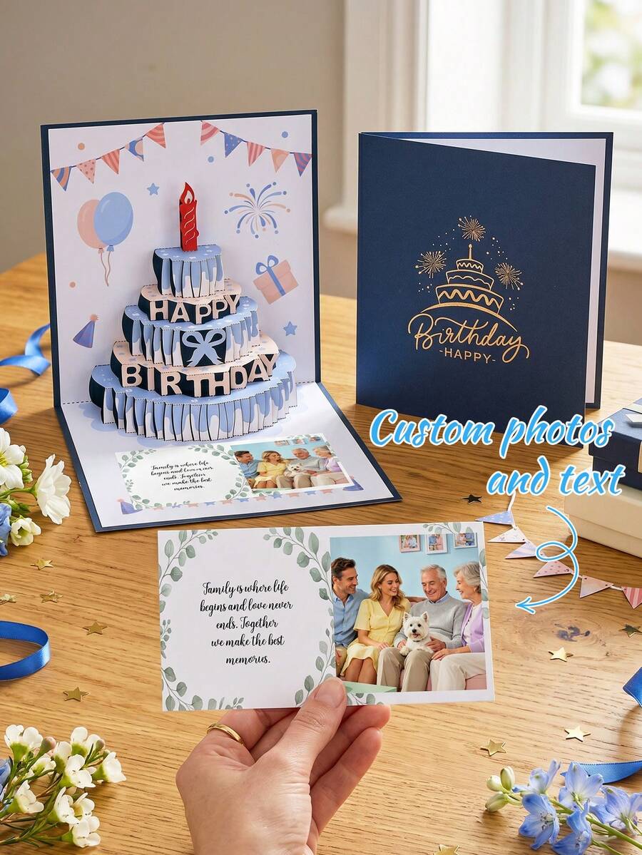 1pc Custom Photo And Text Pop Up Birthday Card,Personalized Cake Greeting Card With Envelope, Custom Keepsake Birthday Gift Card For Men Women Parents Friends - Multicolor - View 1