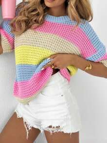 Colorful Striped Short Sleeve Sweater, Sweet Style Loose Round Neck Top, Soft And Breathable Fabric, Loose Single Short Sleeve Top, Suitable For Casual, Holiday And Travel Summer - Multicolor - View 2