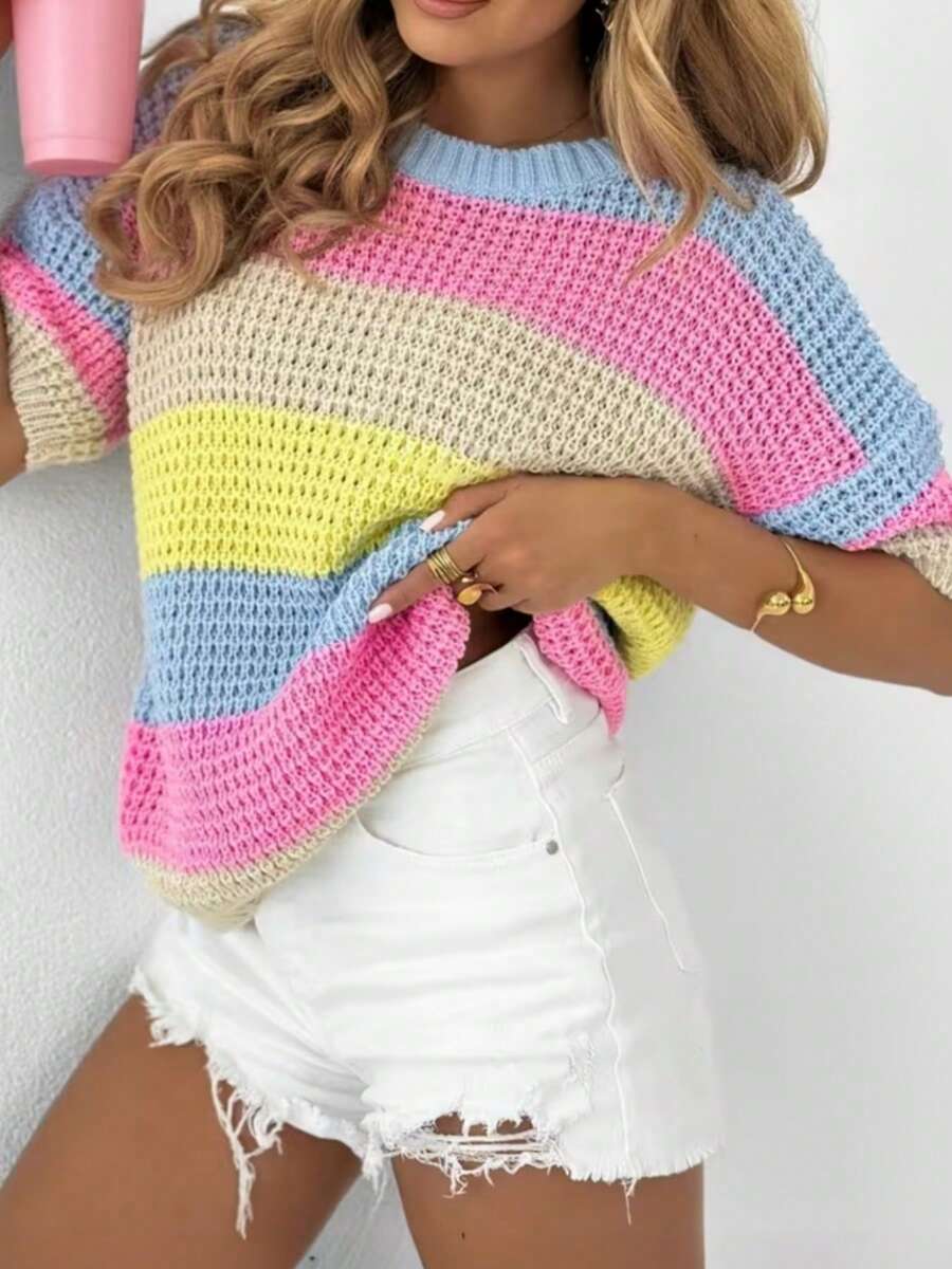 Colorful Striped Short Sleeve Sweater, Sweet Style Loose Round Neck Top, Soft And Breathable Fabric, Loose Single Short Sleeve Top, Suitable For Casual, Holiday And Travel Summer