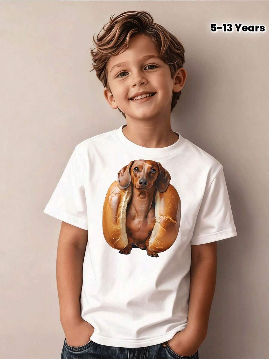 Short-Sleeved Children's Clothing, Casual And Fashionable T-Shirt With Sausage Dog And Hot Dog Bun Print, Suitable For Children Aged 5-13 Years, For Daily Wear, Holiday Gift. - 白色 - 查看 1