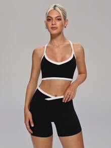 MASKERT Women 2pcs V Neck Crisscross Back Bra & High Waist Shorts Set Yoga Set Workout Set Gym Set 2 Pieces Set Training Tennis Outdoor Activewear Set - Black - View 5