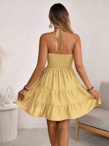 Women's Halter V-Neck Mini Dress, Ruched And Layered, Sleeveless, Ideal For Beach Vacations, Casual Daily Wear And Outdoor Picnic Outfits. - 檸檬黃 - 查看 2