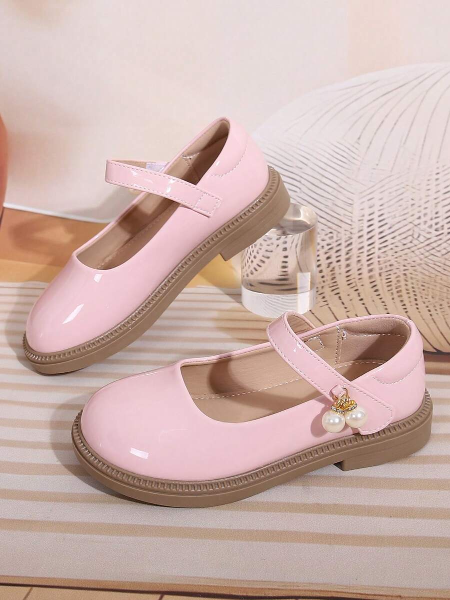Girls' Flat Mary Jane Shoes, Princess Style, Black School Shoes With Single Strap And Hook And Loop Closure - Pink - View 1