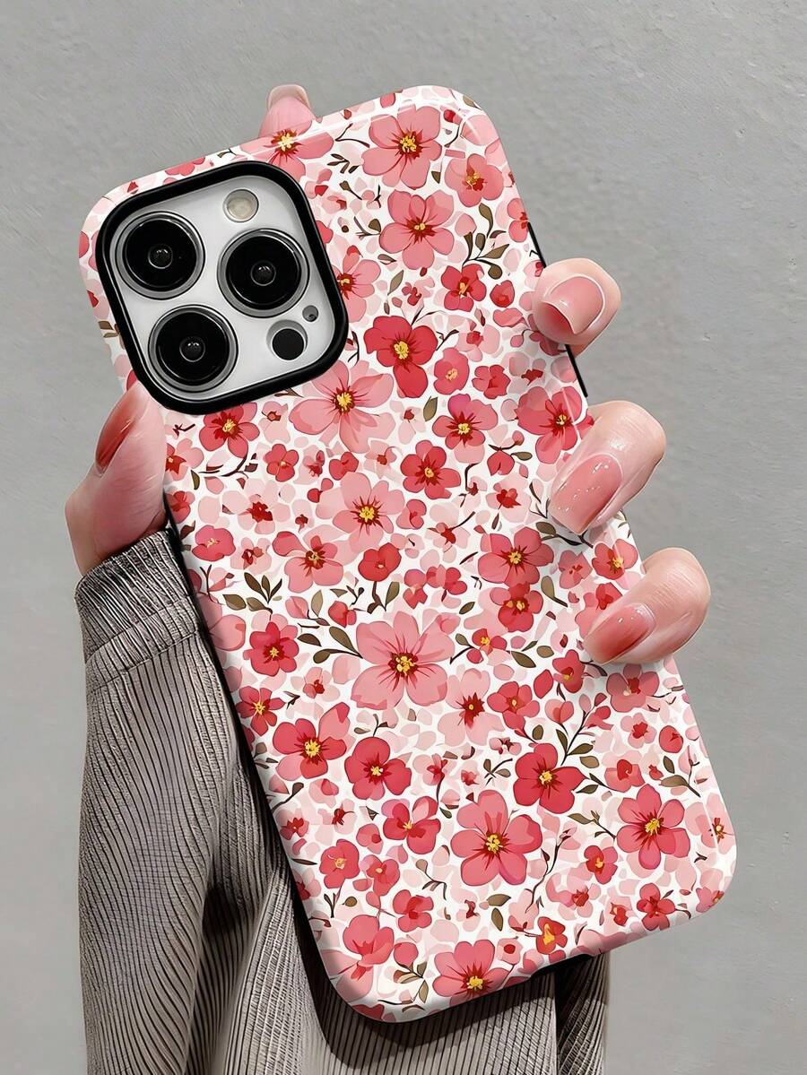 Floral Pattern 1-Piece Romantic Spring Floral Pattern Glossy 2-In-1 Film Hard Phone Case, Compatible With Samsung/11/12/ IPhone13/14/15/ IPhone16/ IPhone17 Pro Max - 白色2 - 查看 1