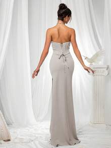 VIPGIRL Elegant Women's Strapless Backless Maxi Dress, Slit Design, Zipper Style, Suitable For Party Or Formal Occasions - Light Grey - View 2