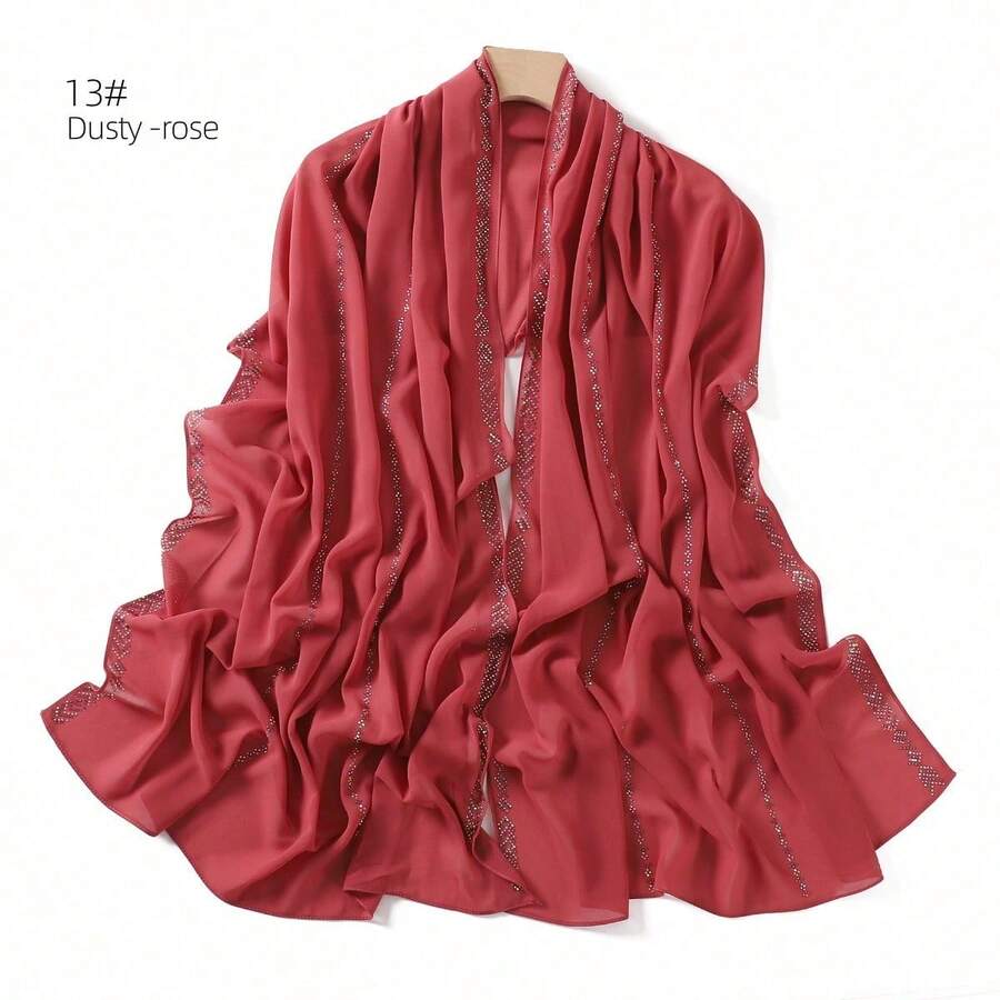 1 Piece Solid Color Rhinestone Chiffon Hijab, Elegant Faux Rhinestone Headscarf, Sunscreen Shawl For Women, Ideal For Dresses. - 紅色 - 查看 1