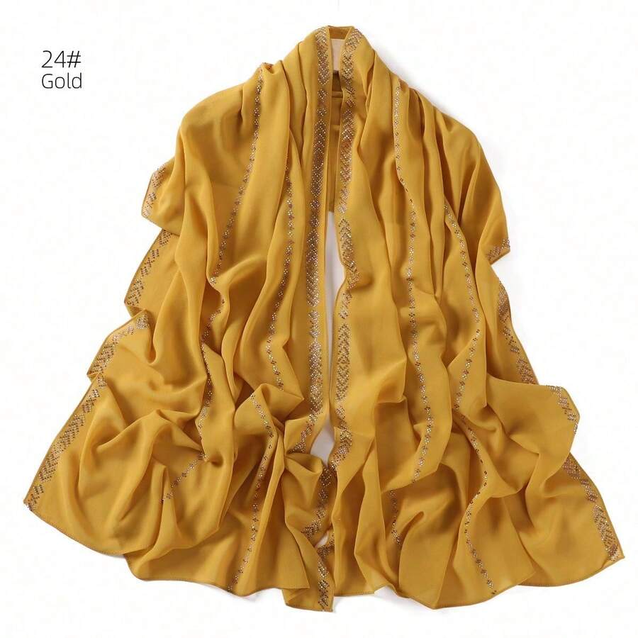 1 Piece Solid Color Rhinestone Chiffon Hijab, Elegant Faux Rhinestone Scarf, Sunscreen Shawl For Women, Ideal For Dresses. - Coral Orange - View 1