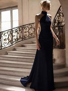 Basrey Đầm maxi dự tiệc nữ màu xanh navy trơn thanh lịch mới, cổ yếm, cài nút, cạp cao, satin, hở lưng, eo chiết, cho mùa thu - Màu xanh hải quân - Xem 4