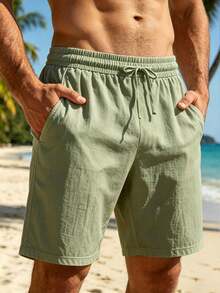 2pcs/Pack Men's Lightweight Breathable Linen Casual Shorts, Elastic Waist 5-Point Pants, Suitable For Daily / Vacation / Sports Wear - Army Green - View 8