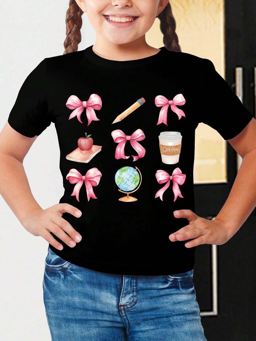 Boys' And Girls' T-Shirt With Pink Bows, Apple, Book, Pencil, Globe, And Coffee Cup Print - Schoolgirl Style And Cute For Clothing - 黑色 - 查看 1