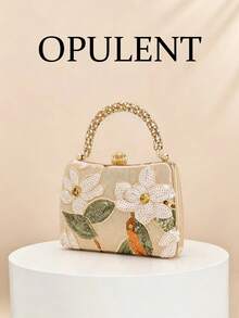 1pc Beaded Floral Leaf Embroidered Box Clutch, Sequin Handle Hard Shell Bag, Detachable Crossbody Chain, Elegant Wedding Bridal Evening Handbag - Apricot - View 14