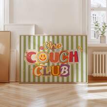 1pc Retro The Couch Club Typography Canvas Wall Art Green Striped Poster Cute Aesthetic Smiling Face Print For Dorm Living Room Decor Unframed , Framed Or Wooden Hanging Scroll - Pattern - View 5
