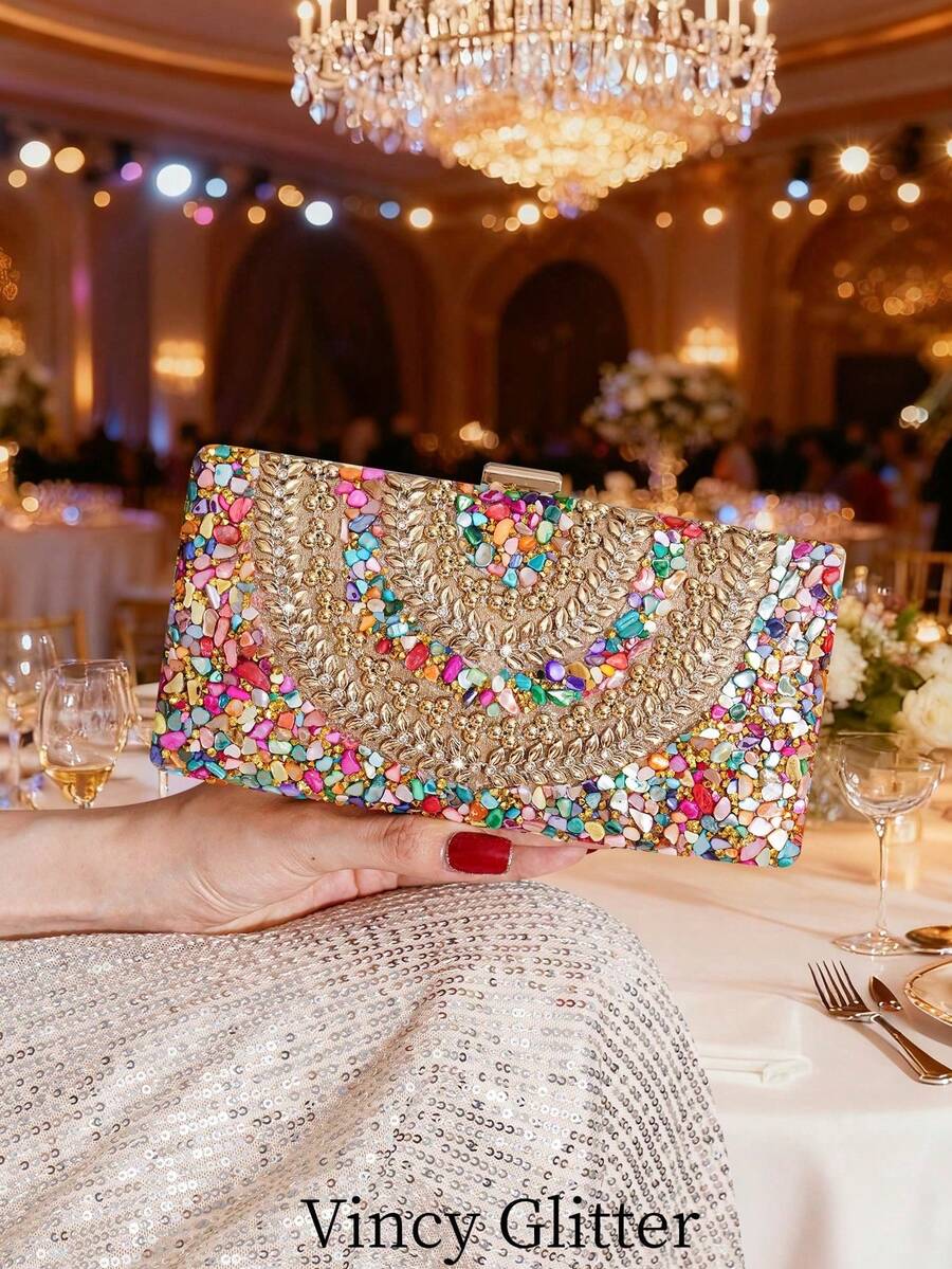 Bolso de mano/clutch de noche artesanal con incrustaciones de brillo y rhinestones, bolsa para fiestas, bolsa de cosméticos, bolso bandolera con correa, bolso de moda - Multicolor - Ver 1