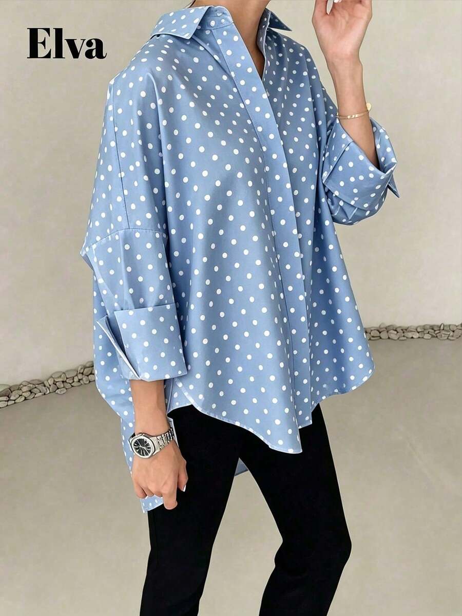 ELVA 女款春夏/秋冬藍色配白色波點印花前短後長領口長袖捲邊寬鬆圓弧下擺襯衫，度假風 - 藍白色 - 查看 1