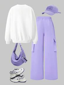 Spring/Autumn New Tween Girl Street Casual 2-Piece Set, Pure White Loose Drop Shoulder Round Neck Sweatshirt With Letter Print, Paired With Light Purple Elastic Waist Multi-Pocket Pleated Wide Leg Cargo Pants, Lightweight Breathable, Versatile Campus Streetwear Outfit - White - View 2