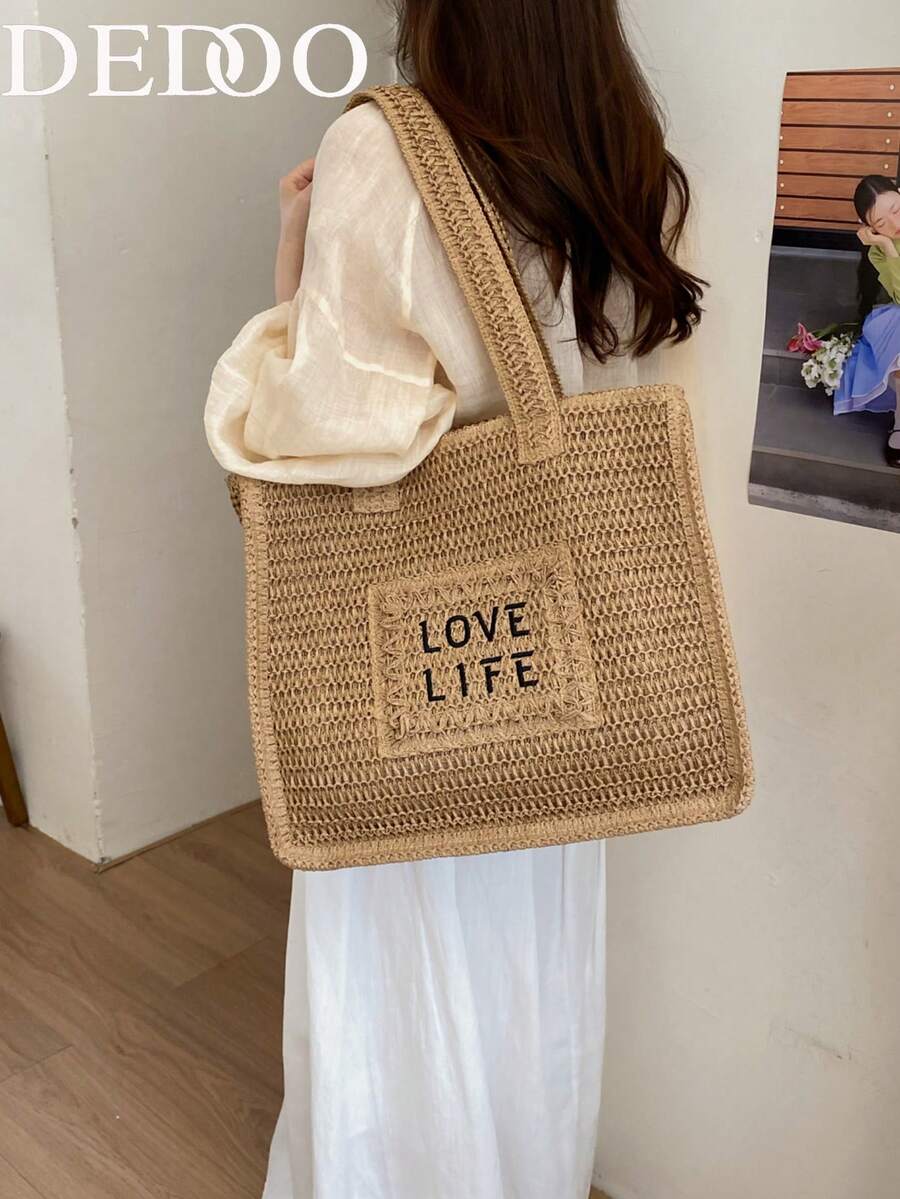Dedoo 波希米亞風女款托特包，大容量沙灘肩背包，附流蘇與木珠裝飾，適合夏季度假旅行