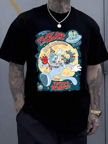 A Colorful Scene Shows An Astronaut Mouse And Cat Humorously Chasing Each Other Across The Lunar Surface Beneath An Alien Spacecraft, And A Retro Text In Bright Colors On A T-Shirt. - Hitam - View 1