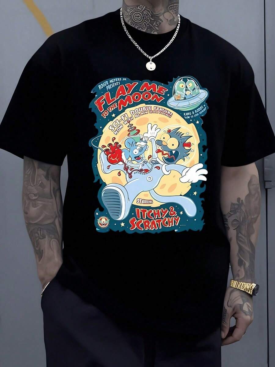 A Colorful Scene Shows An Astronaut Mouse And Cat Humorously Chasing Each Other Across The Lunar Surface Beneath An Alien Spacecraft, And A Retro Text In Bright Colors On A T-Shirt. - Hitam - View 1