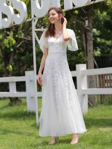 EVERPRETTY 浪漫優雅奢華葉片亮片刺繡白色婚紗正式晚禮服，優雅設計，適合婚禮、週年紀念及半正式場合 - 白色 - 查看 1