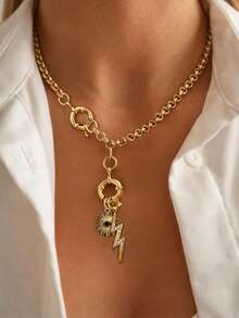 2 Buah Kalung Liontin Salib Petir Mata Setan Berlian dengan Gesper Ganda Emas, Set Kalung, Gaya Unik dan Mewah, Untuk Pesta Sehari-hari Wanita - Yellow Gold - View 8