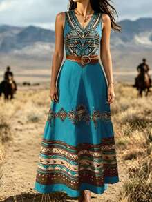 VEXHEIMA Western Style 2026 New Arrivals Women's Fashion: Western-Print Bohemian V-Neck Sleeveless Long Dress For Everyday Wear - Blue - View 2