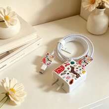 1 Set Transparent Square Case Flower/Cherry/Strawberry/Butterfly Design Data Cable Protector Compatible With IPhone/Apple 18-20W Charger Protective Cover Prevents Breakage - Multicolor - View 3