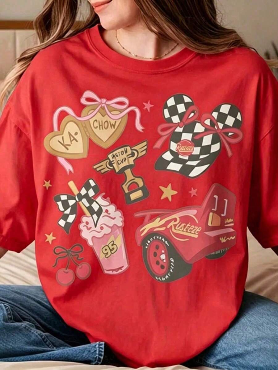 Camisetas para chicas adolescentes, camisetas para hombres, camiseta Coquette Bow, Rusty Cars, Piston Cup, camiseta Cars, Land Familhirde de cuello redondo 100% algodón para mujeres. Adecuad - Rojo - Ver 1
