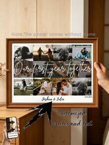1pc Personalized Couple Anniversary Custom Poster, Suitable For Special Occasions Or Anniversary Celebrations, Custom Wall Art, Unforgettable Gift For Partner, 1st Anniversary Gift, Photo Customization, Customizable Content, Optional Frame - Multicolor - View 2