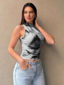 Sleeveless Top With Floral Print And Asymmetrical Neckline, A Casual And Versatile Garment - Gray-black Gradient - View 6